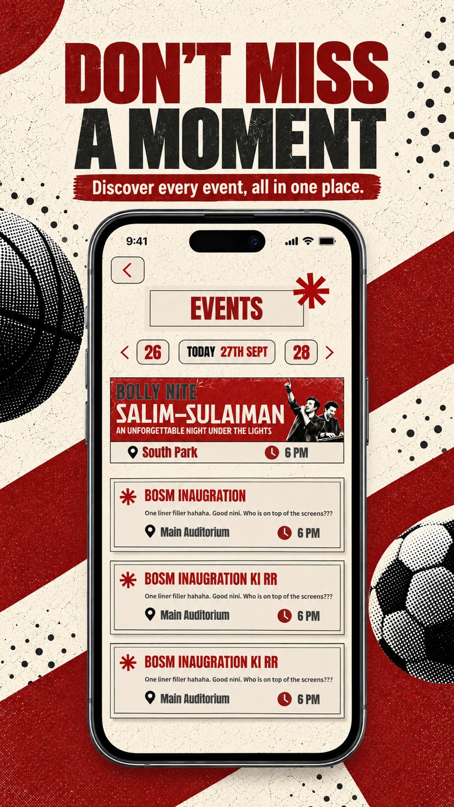 The events screen, showing a headline night event and campus events with venue and time.