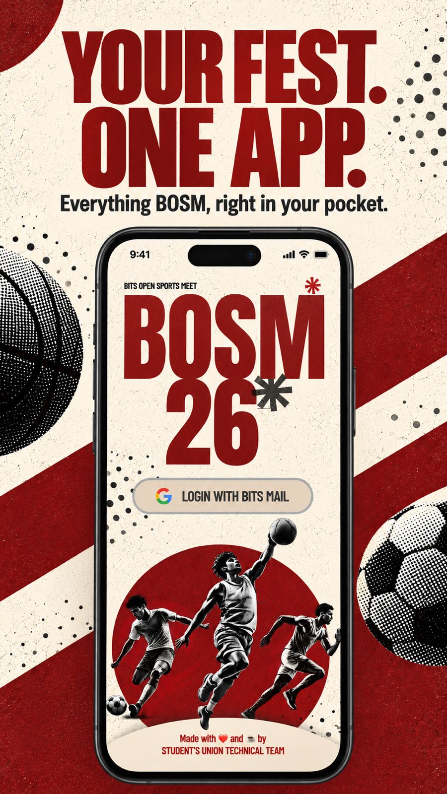 The BOSM 26 app home screen, showing the BOSM 26 wordmark and a Login with BITS Mail button.