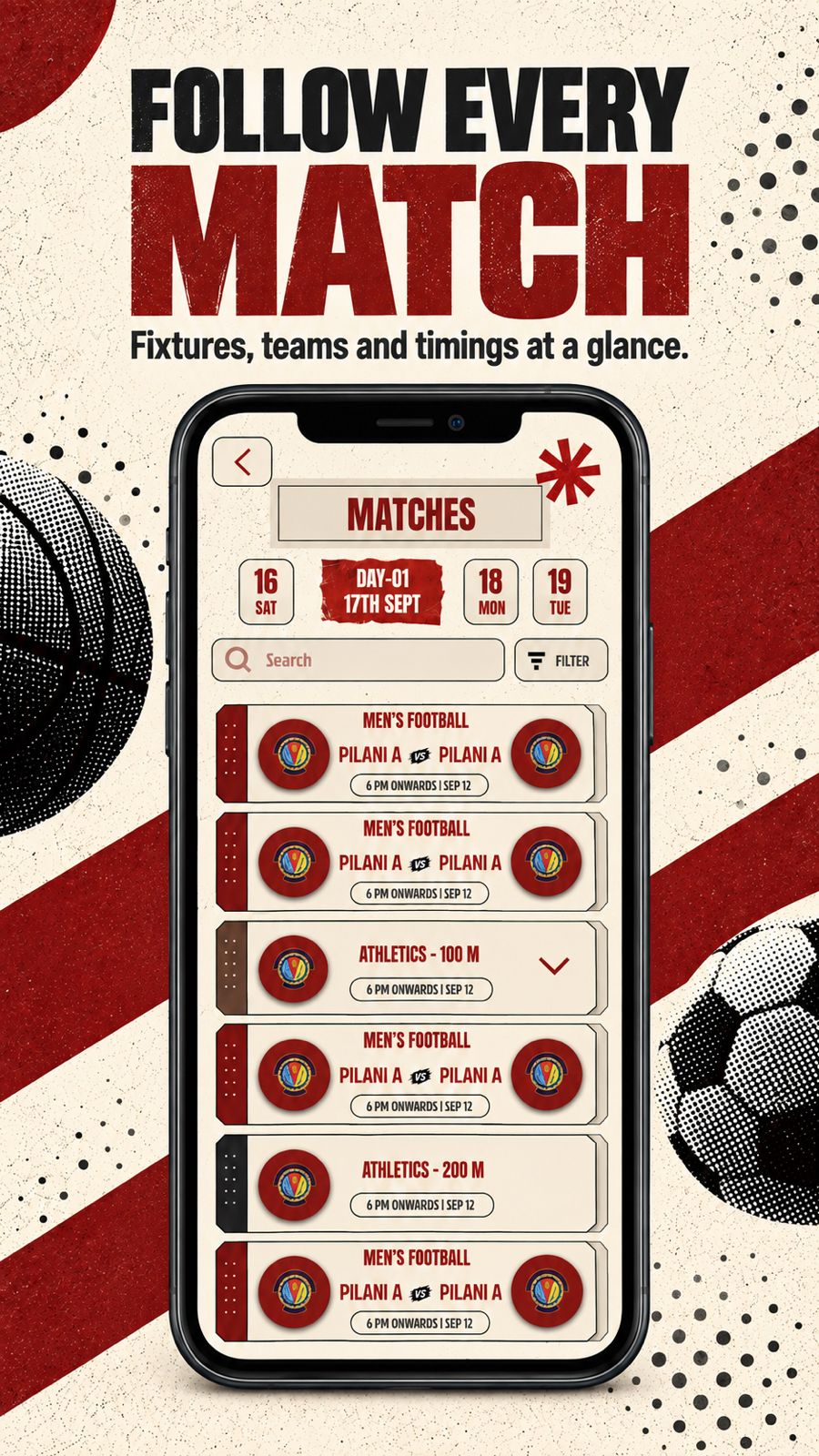 The matches screen, listing football fixtures and athletics heats by day with search and filter controls.